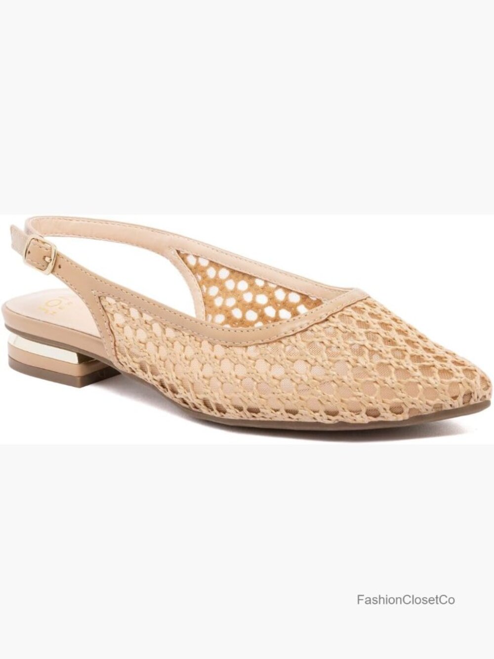 Vegan Leather Slingback Flats - Pointed Toe Dress Shoes with Buckle Strap and